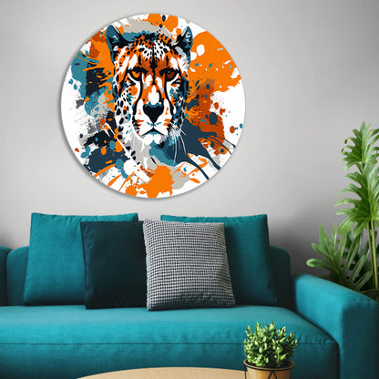 Dynamische abstracte cheeta schilderij print aluminium muurcirkel