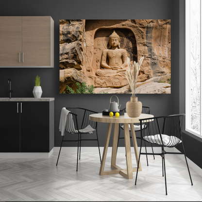 Meditatief Boeddha Sculptuur in Rotswand canvas