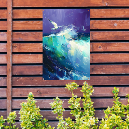 Abstracte vogel met kleurrijke golven tuinposter