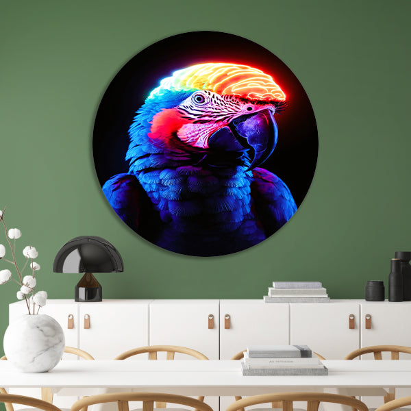 Kleurrijke papegaai met neon hersenen aluminium muurcirkel