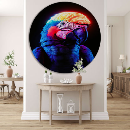 Kleurrijke papegaai met neon hersenen aluminium muurcirkel