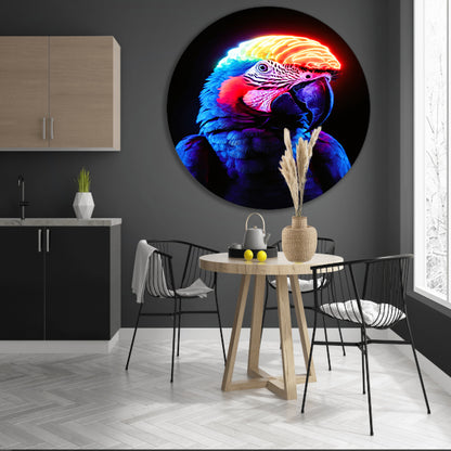 Kleurrijke papegaai met neon hersenen aluminium muurcirkel