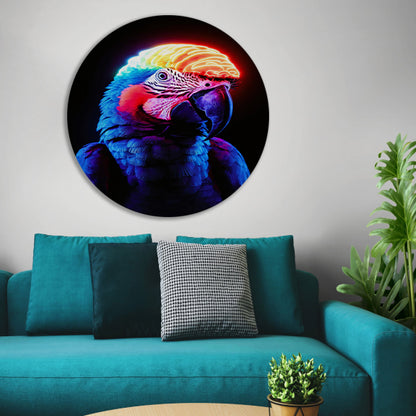 Kleurrijke papegaai met neon hersenen aluminium muurcirkel