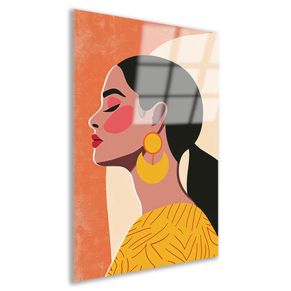 Modern vrouwelijk portret met kleurrijke oorbellen acrylglas