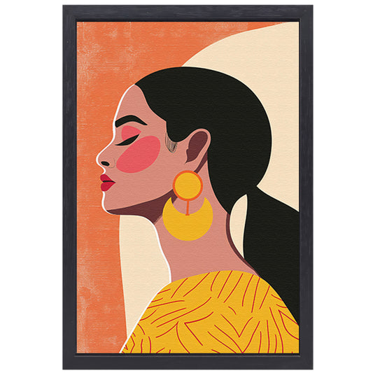 Modern vrouwelijk portret met kleurrijke oorbellen canvas met baklijst