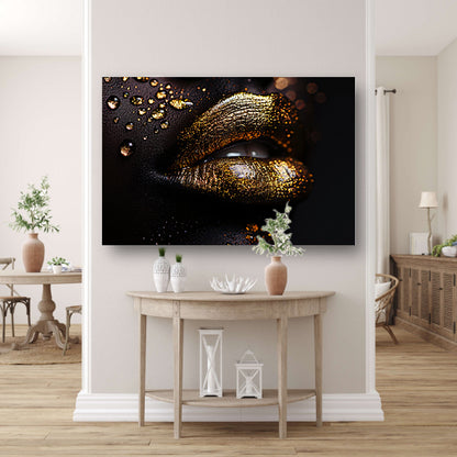Gouden lippen in een oase van donker contrast acrylglas