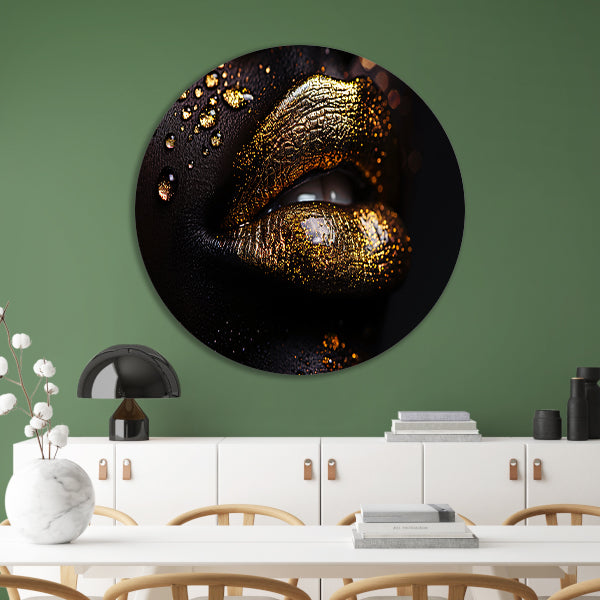 Gouden lippen in een oase van donker contrast aluminium muurcirkel
