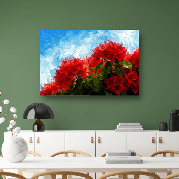 Abstracte rode bloemen tegen blauwe lucht canvas met baklijst