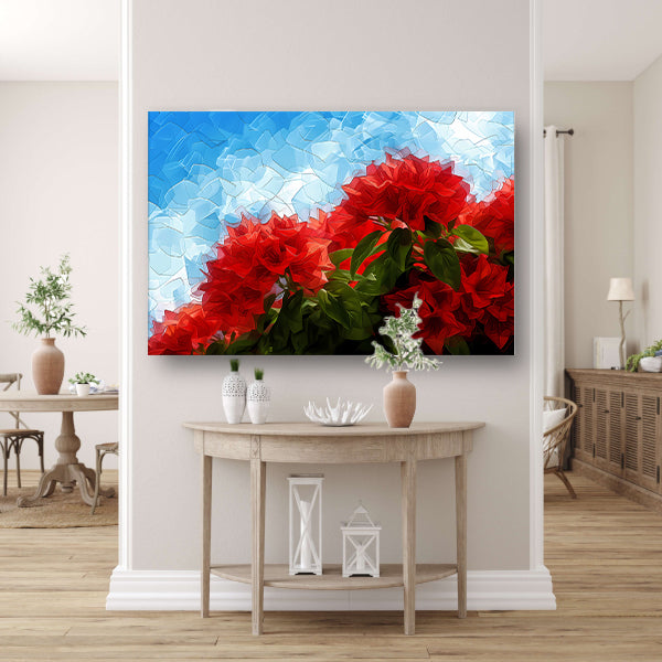 Abstracte rode bloemen tegen blauwe lucht canvas