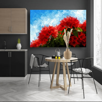 Abstracte rode bloemen tegen blauwe lucht canvas met baklijst