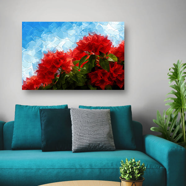 Abstracte rode bloemen tegen blauwe lucht canvas