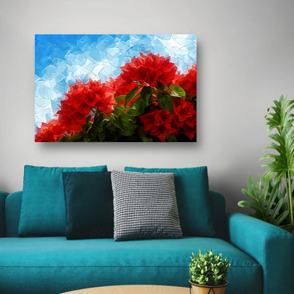 Abstracte rode bloemen tegen blauwe lucht canvas met baklijst