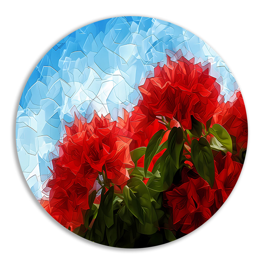 Abstracte rode bloemen tegen blauwe lucht aluminium muurcirkel