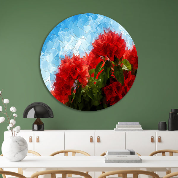 Abstracte rode bloemen tegen blauwe lucht forex muurcirkel