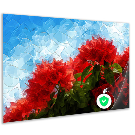 Abstracte rode bloemen tegen blauwe lucht poster