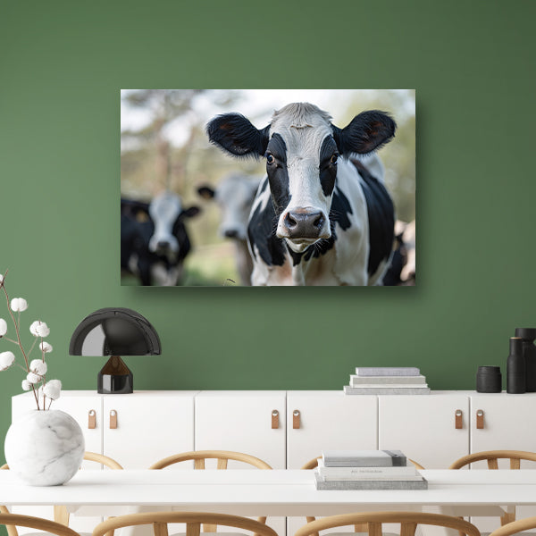 Zwart-witte koe dichtbij in de wei acrylglas