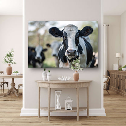 Zwart-witte koe dichtbij in de wei acrylglas