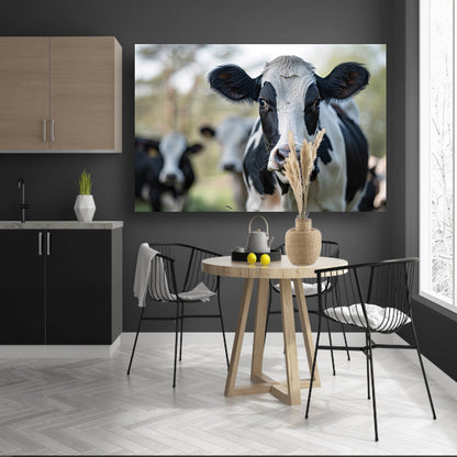 Zwart-witte koe dichtbij in de wei acrylglas