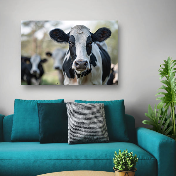 Zwart-witte koe dichtbij in de wei acrylglas