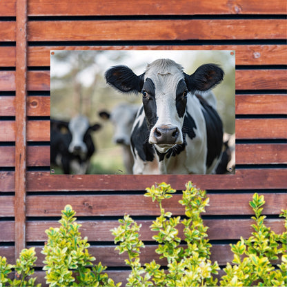 Zwart-witte koe dichtbij in de wei tuinposter