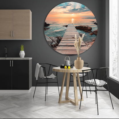 Rustieke houten steiger tijdens een kleurrijke zonsondergang forex muurcirkel