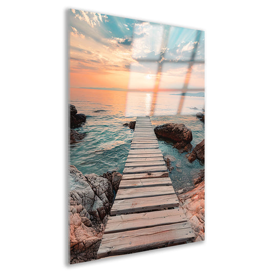 Rustieke houten steiger tijdens een kleurrijke zonsondergang acrylglas