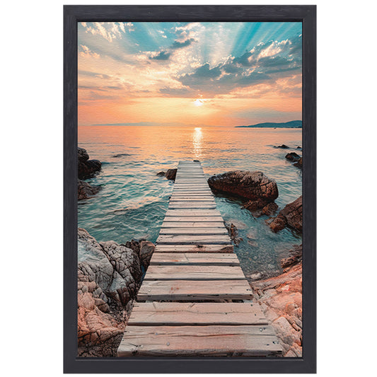Rustieke houten steiger tijdens een kleurrijke zonsondergang canvas met baklijst