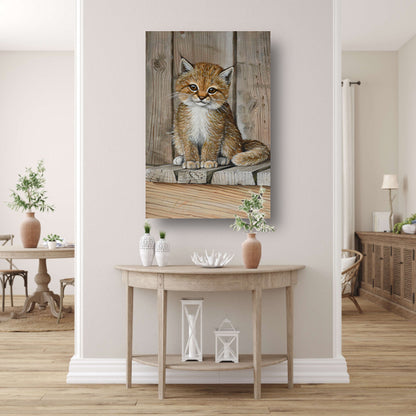 Schattig katje op houten vloer schilderij canvas met baklijst