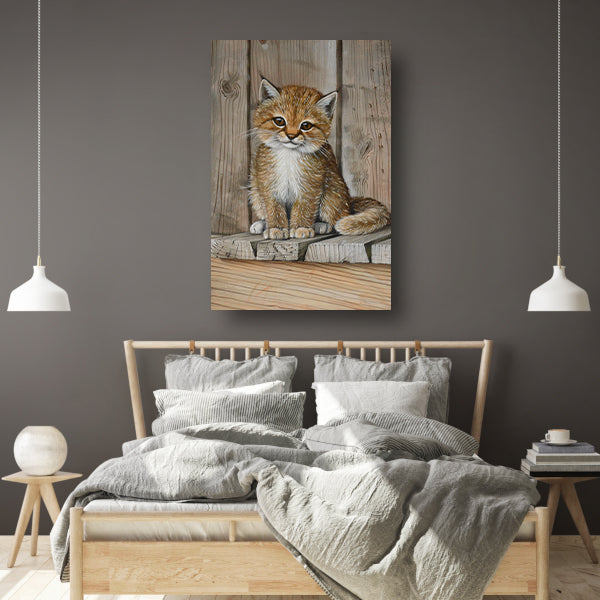 Schattig katje op houten vloer schilderij canvas met baklijst
