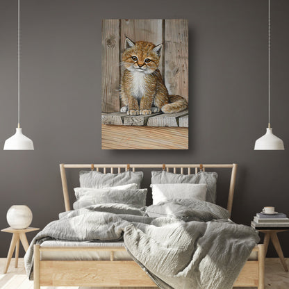 Schattig katje op houten vloer schilderij canvas met baklijst