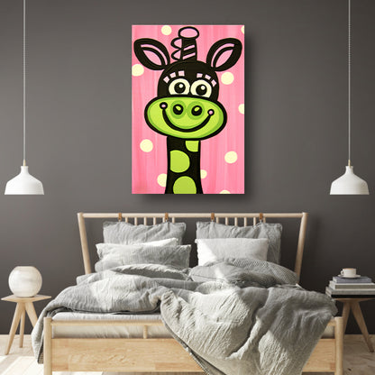 Kleurrijke vrolijke giraffe in popart-stijl canvas met baklijst