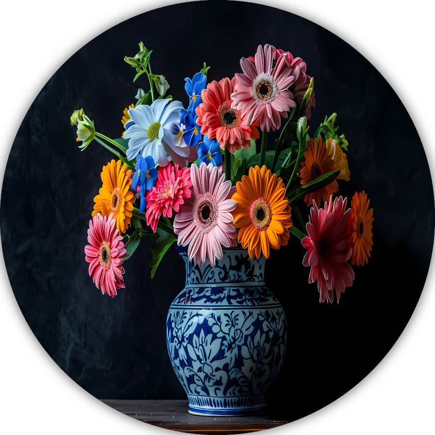 Elegant bloemenboeket in blauw-witte keramische vaas aluminium muurcirkel