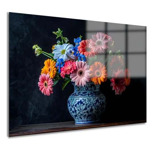 Elegant bloemenboeket in blauw-witte keramische vaas acrylglas