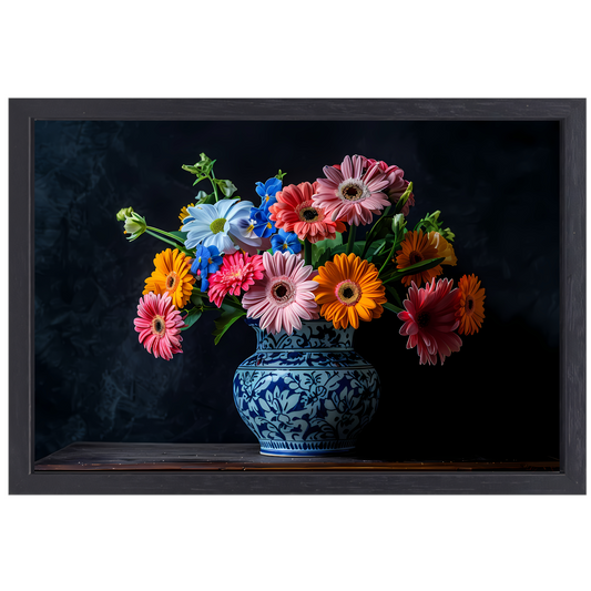 Elegant bloemenboeket in blauw-witte keramische vaas canvas met baklijst