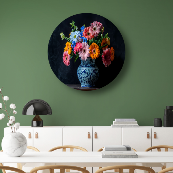 Elegant bloemenboeket in blauw-witte keramische vaas forex muurcirkel