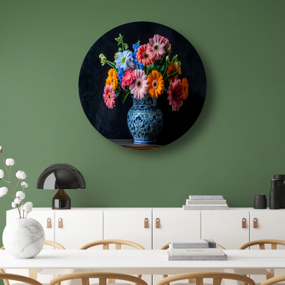 Elegant bloemenboeket in blauw-witte keramische vaas forex muurcirkel