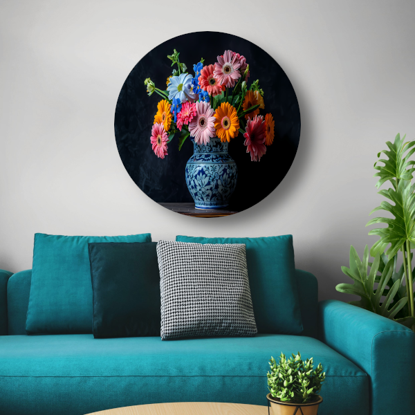 Elegant bloemenboeket in blauw-witte keramische vaas forex muurcirkel