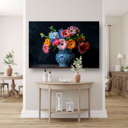 Elegant bloemenboeket in blauw-witte keramische vaas poster
