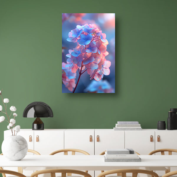 Close-up van een blauwe bloem met roze gloed canvas met baklijst