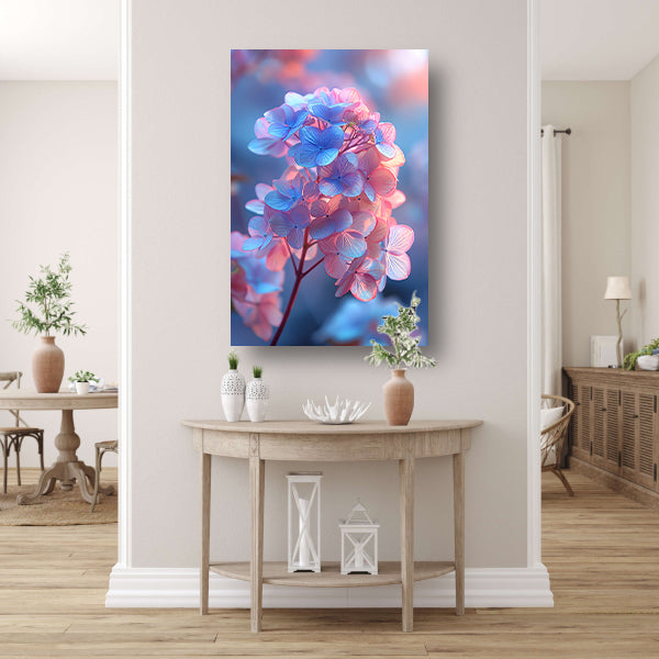 Close-up van een blauwe bloem met roze gloed canvas met baklijst