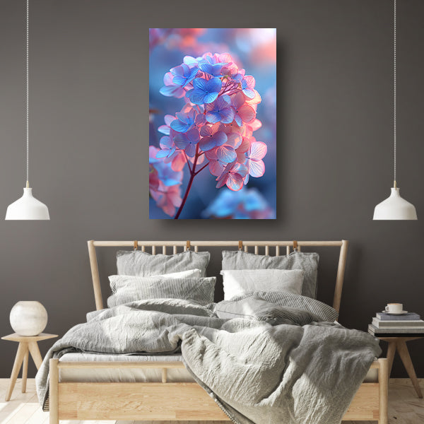 Close-up van een blauwe bloem met roze gloed canvas met baklijst