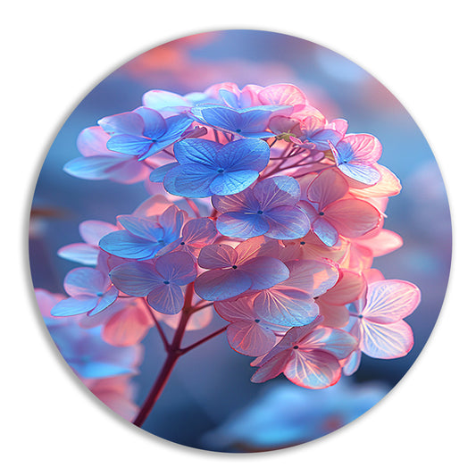 Close-up van een blauwe bloem met roze gloed aluminium muurcirkel