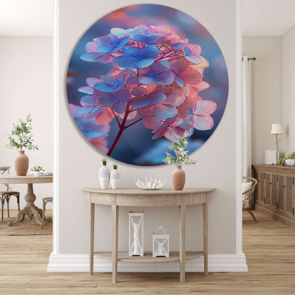 Close-up van een blauwe bloem met roze gloed aluminium muurcirkel