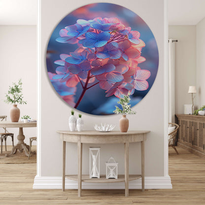 Close-up van een blauwe bloem met roze gloed aluminium muurcirkel