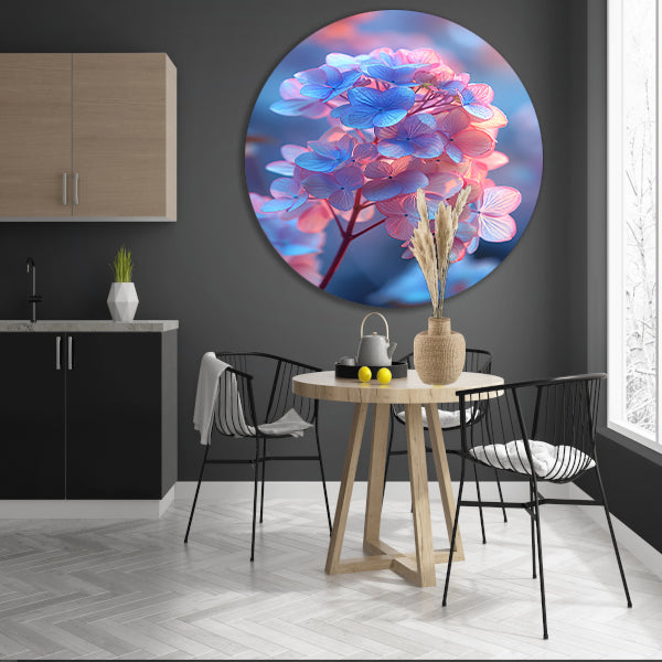 Close-up van een blauwe bloem met roze gloed forex muurcirkel