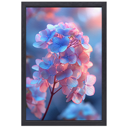 Close-up van een blauwe bloem met roze gloed canvas met baklijst