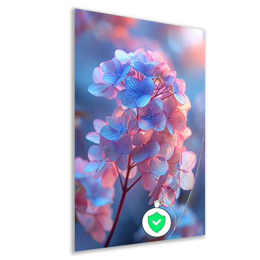 Close-up van een blauwe bloem met roze gloed poster