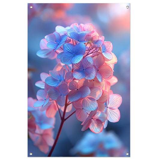 Close-up van een blauwe bloem met roze gloed tuinposter