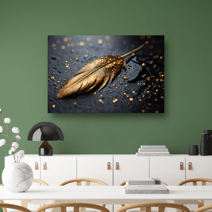 Glanzende Gouden Veer op Zwarte Ondergrond canvas met baklijst