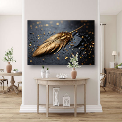 Glanzende Gouden Veer op Zwarte Ondergrond canvas met baklijst